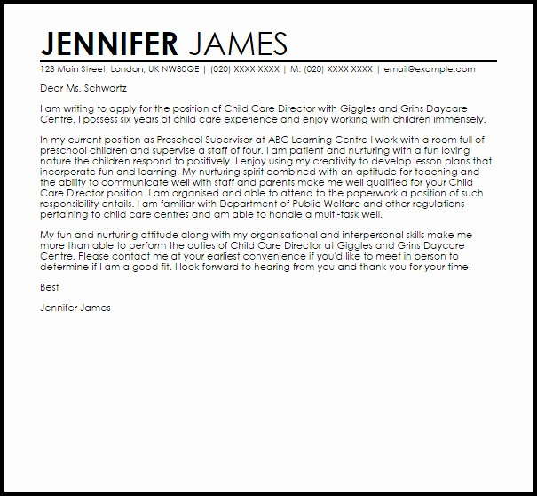 Child Care Director Cover Letter Sample