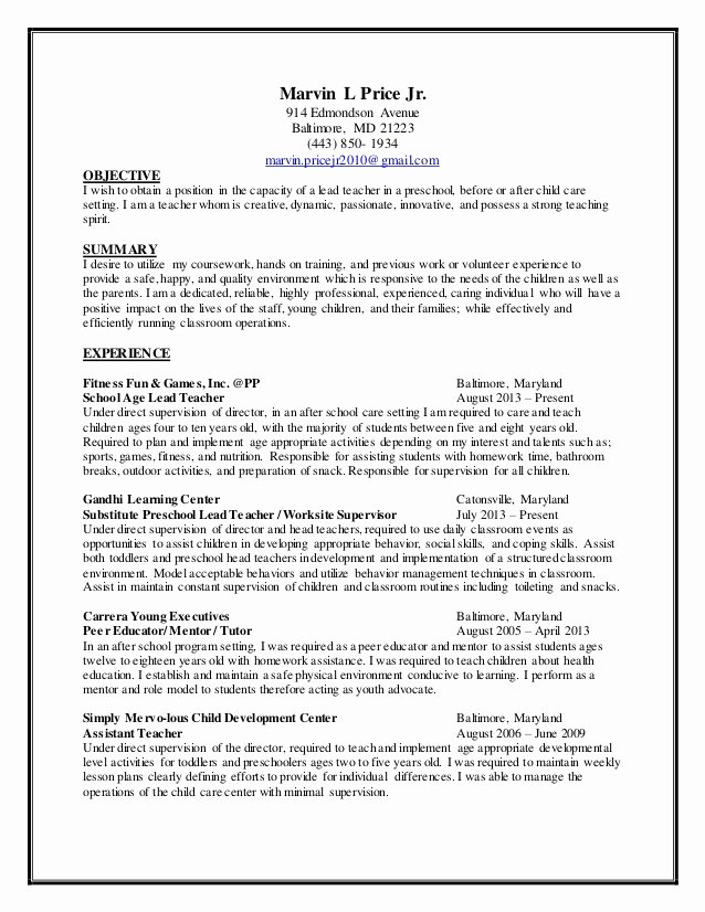 child care resume 2014