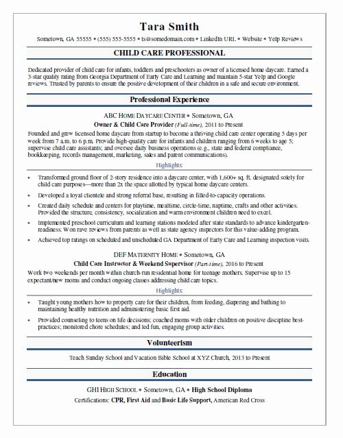 Child Care Resume Sample