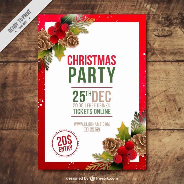 christmas party brochure with pine cones and mistletoe in realistic style