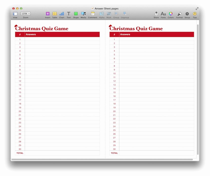 Christmas Quiz Game Template for Pdf or Pages