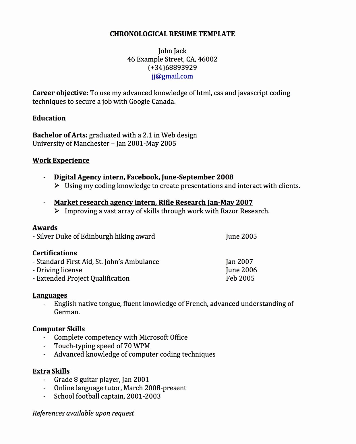 Chronological Resume for Canada