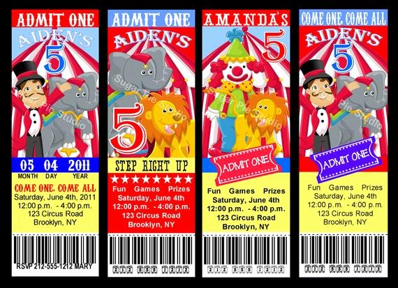Circus Carnival theme Ticket Style Invitation Birthday Party