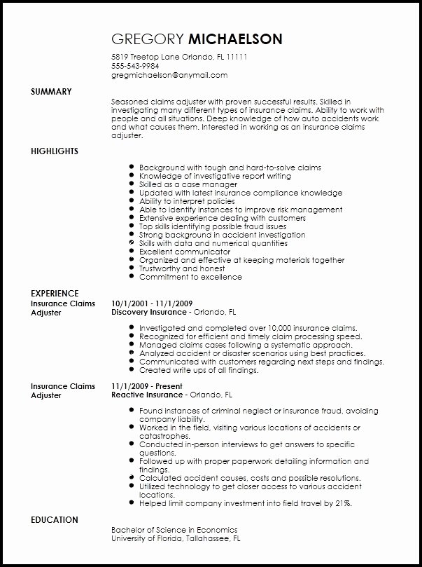 Claims Adjuster Resume