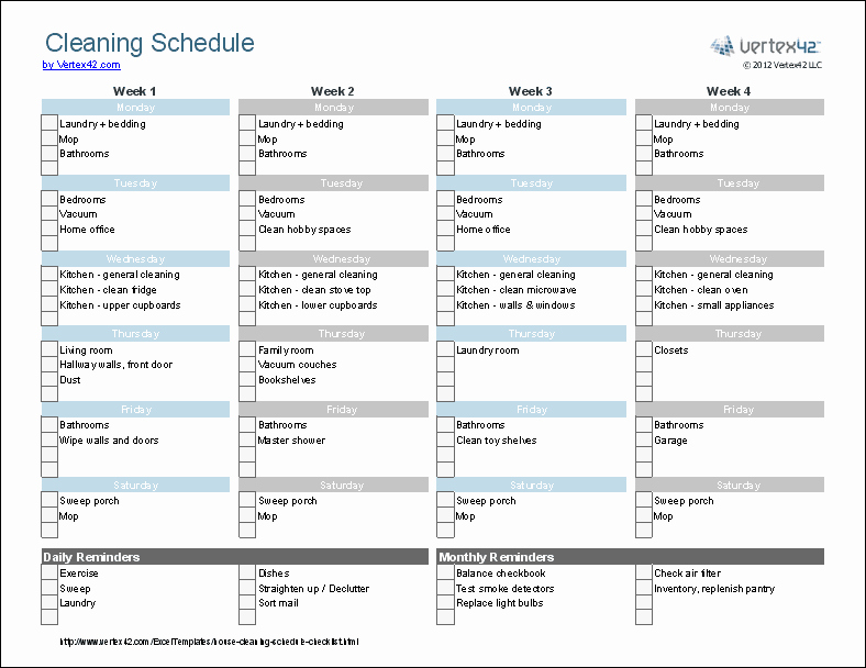 Cleaning Schedule Template Printable House Cleaning