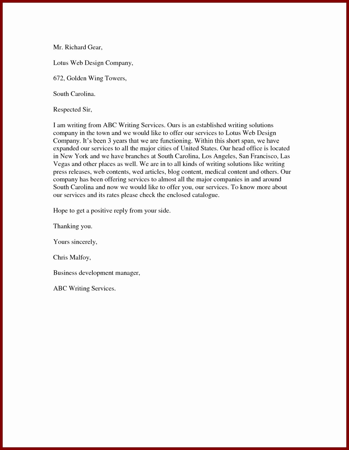 cleaning service application letter