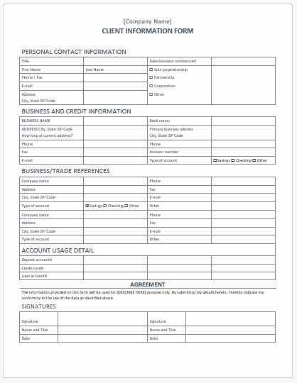 Client Information form Template for Word