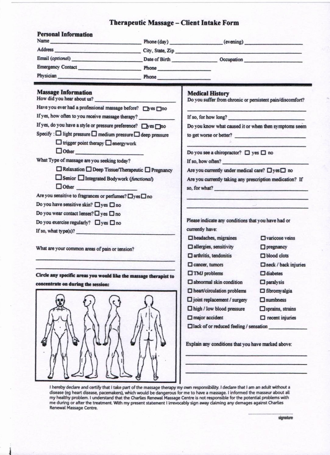 Client Intake form Massage therapy Template
