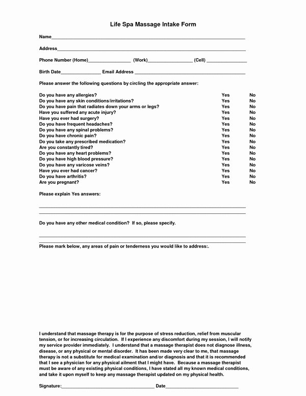 Client Intake form Template Massage therapy