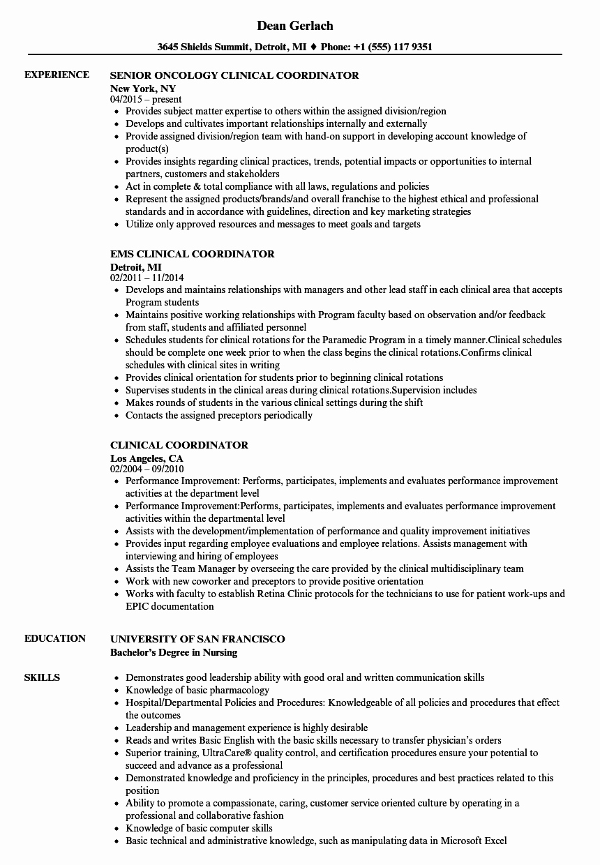 Clinical Coordinator Resume Samples