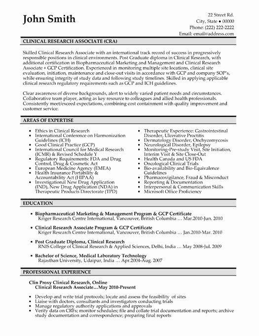 Clinical Research associate Resume Sample &amp; Template