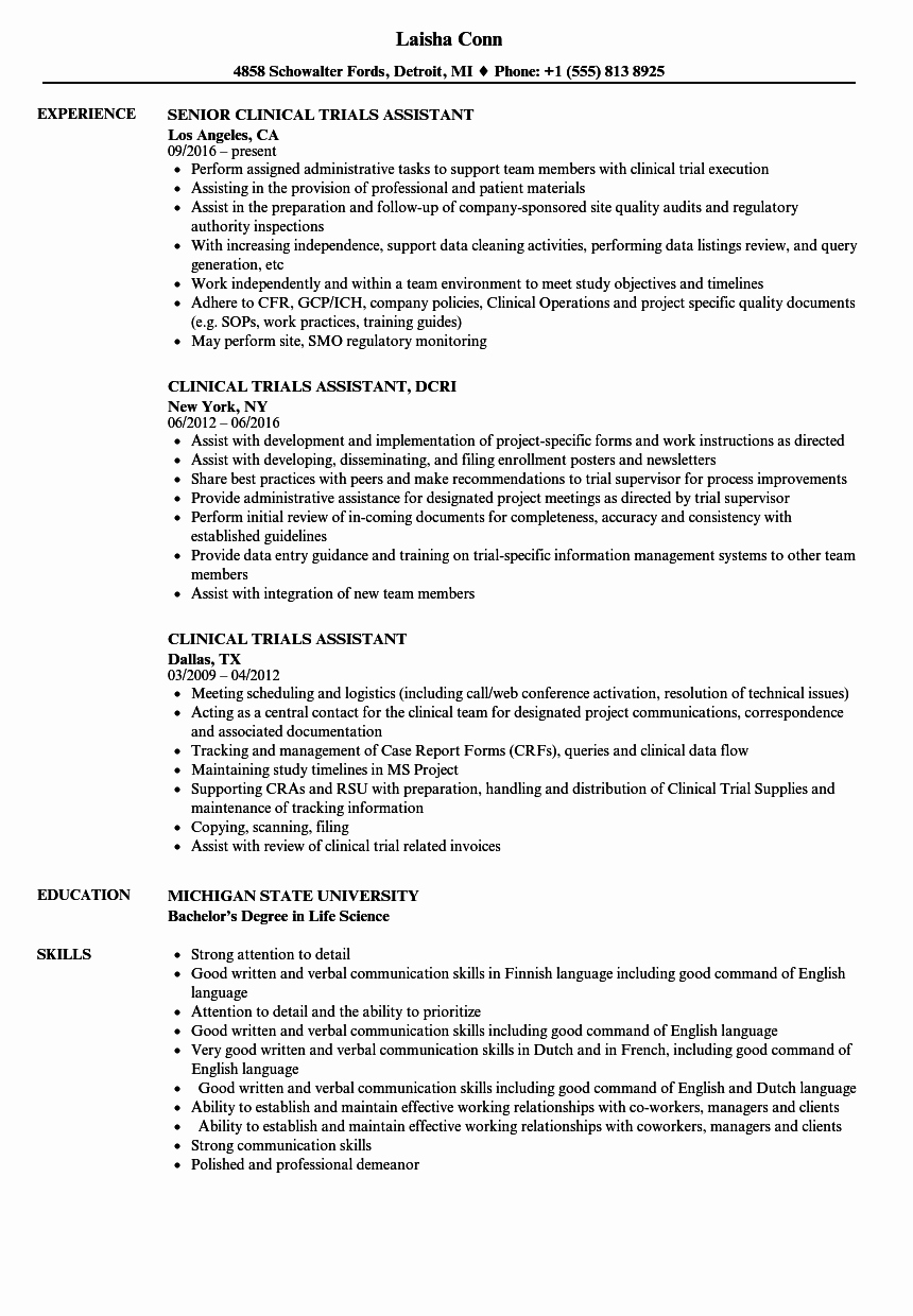 Clinical Trials assistant Resume Samples