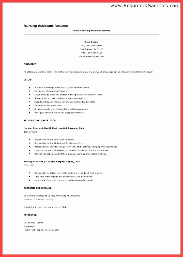 Cna Duties for Resume Resume for Nursing assistant Resume