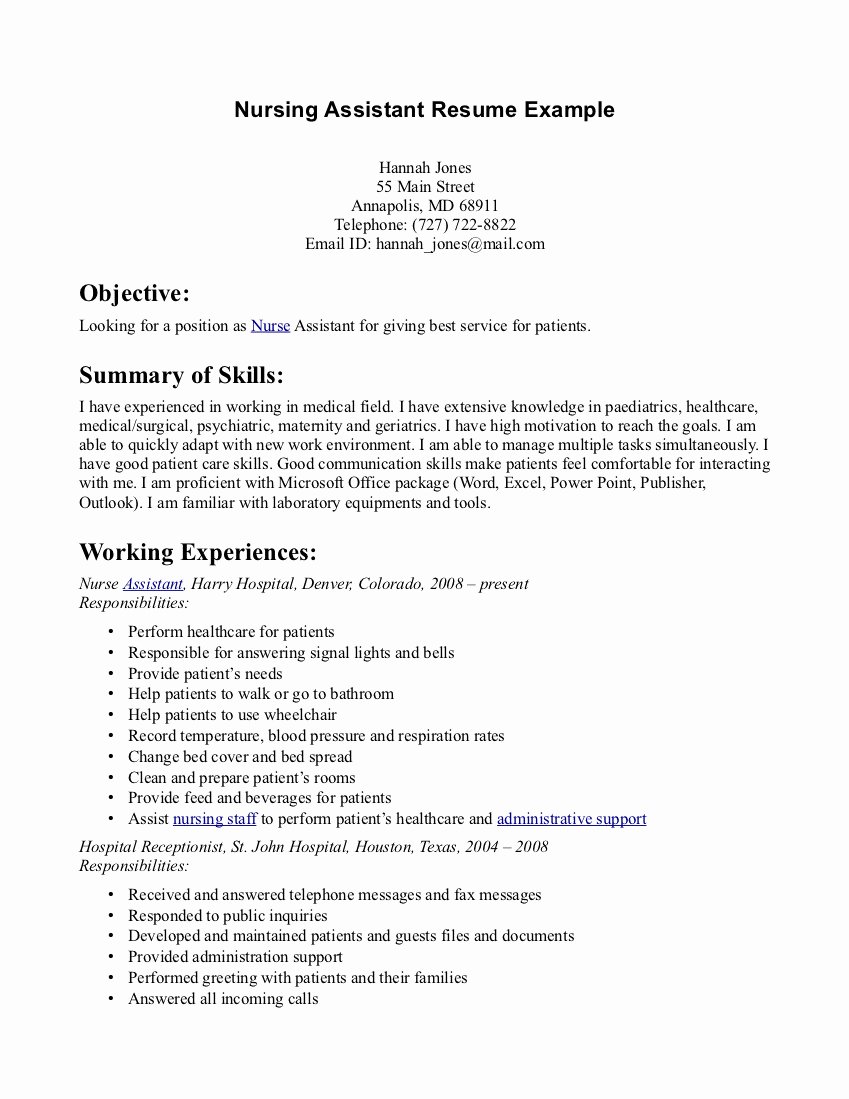 Cna Resume with Experience Nursing Aide Job Description