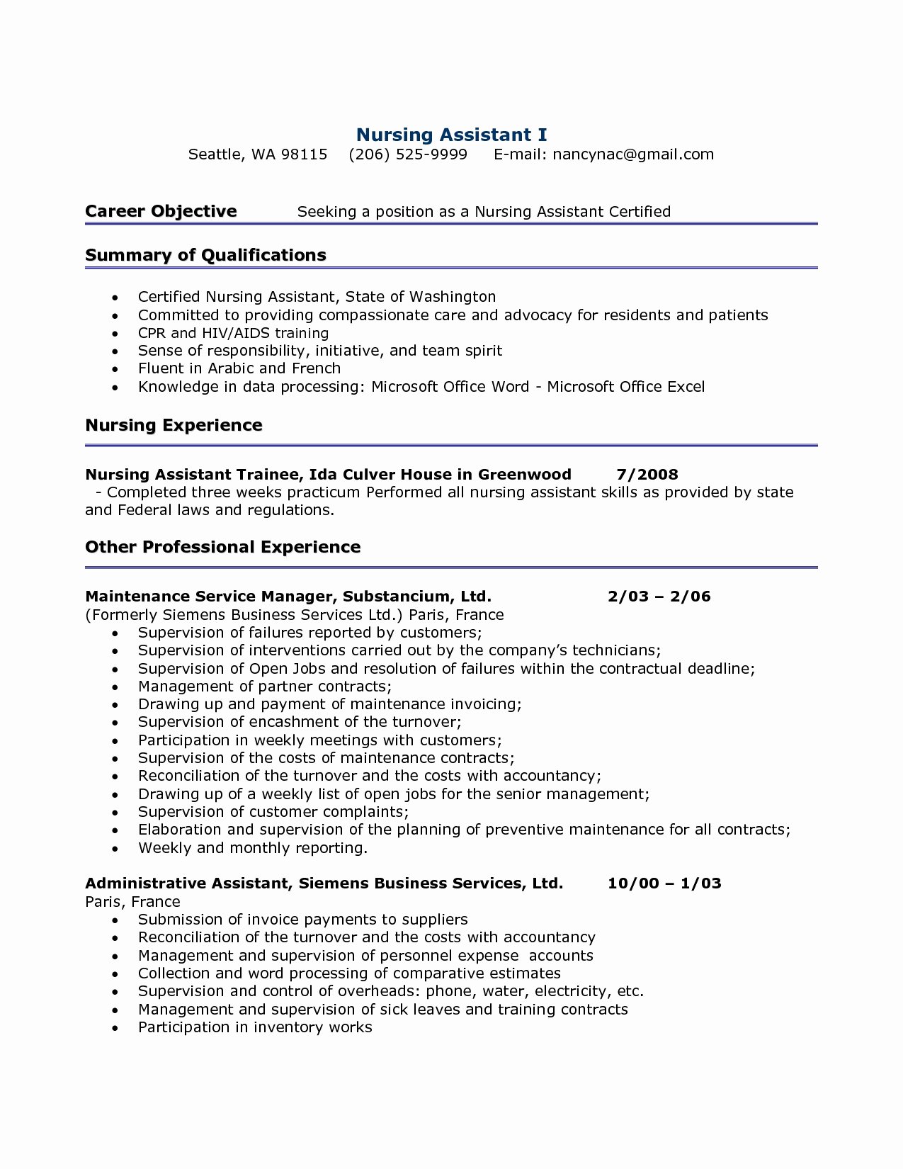 Cna Resume for Hospital Latter Example Template