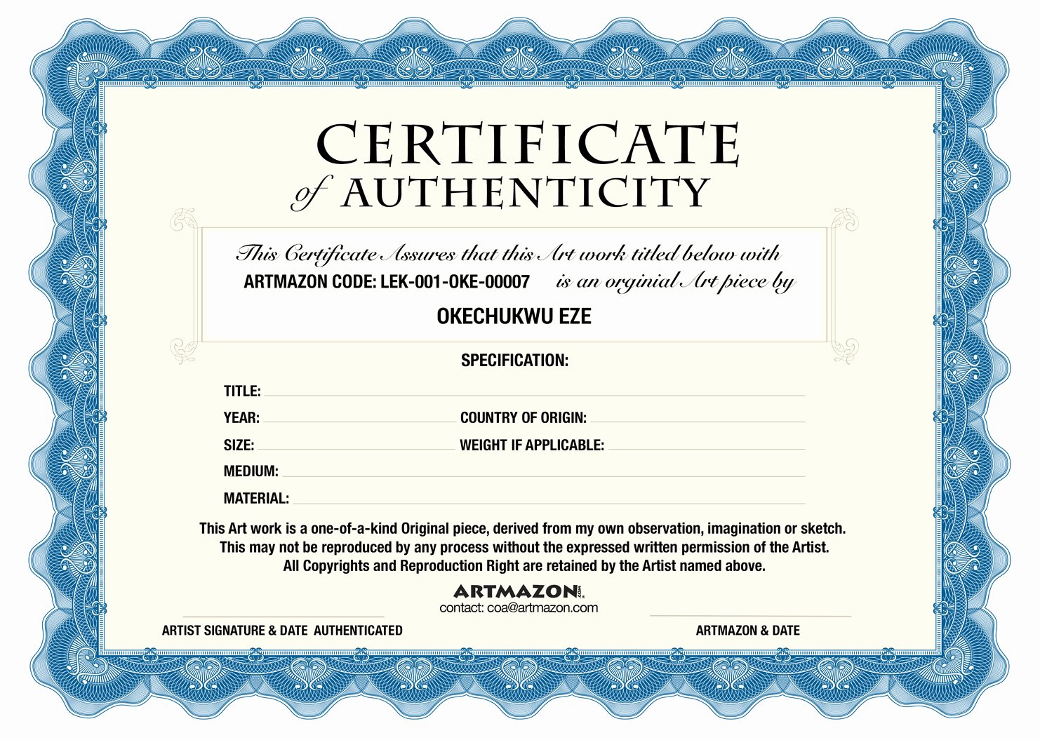 Coa Certificate Of Authenticity