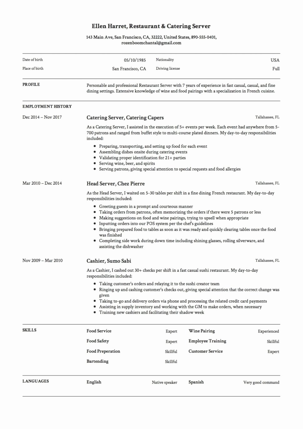 Cocktail Server Resume Sample Quotes for All Restaurant