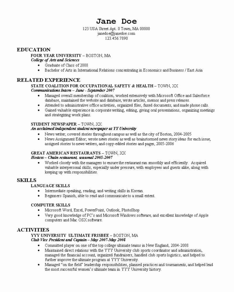 College Resume Resume Cv