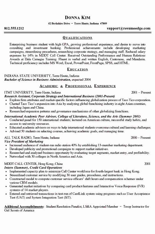 College Student Resume Example Business and Marketing