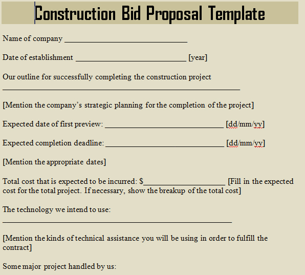 Construction Bid Proposal Template Microsoft Excel Templates