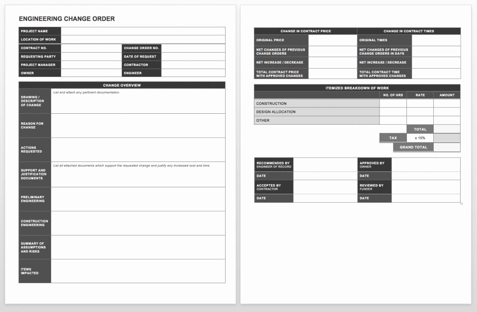 construction change order template ic engineering change order template word