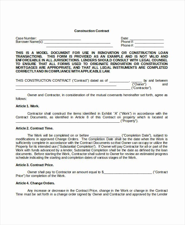 Construction Contract Template 12 Free Word Pdf