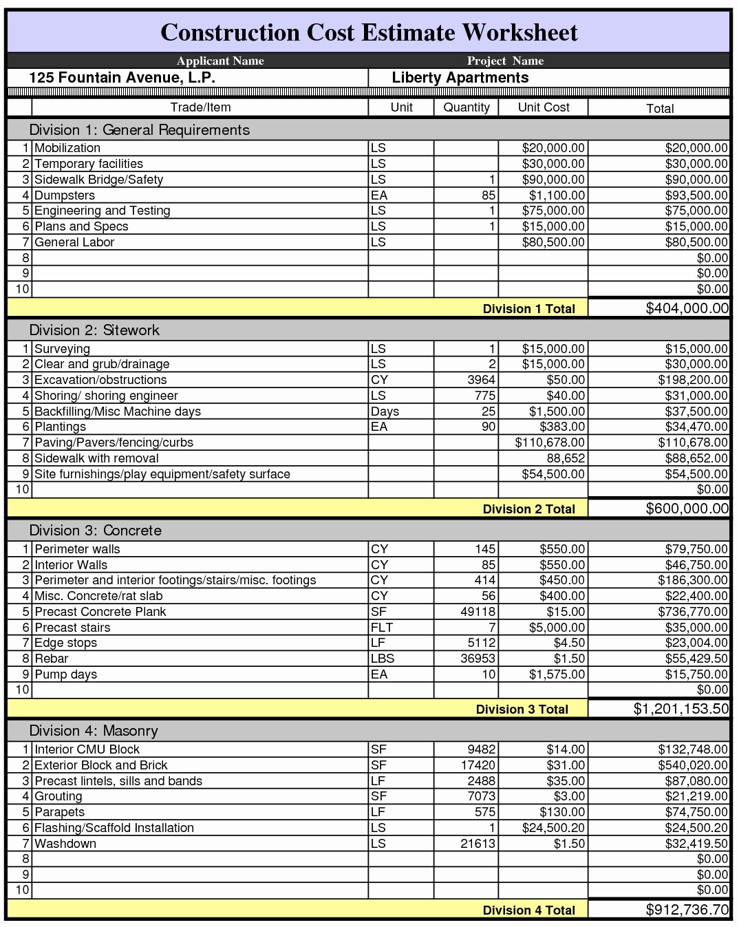 construction cost estimate worksheet