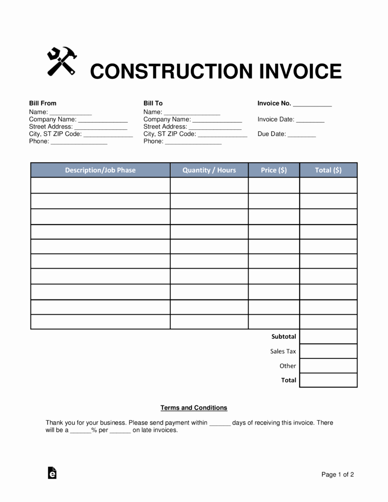 Construction Invoice Template Construction Invoice