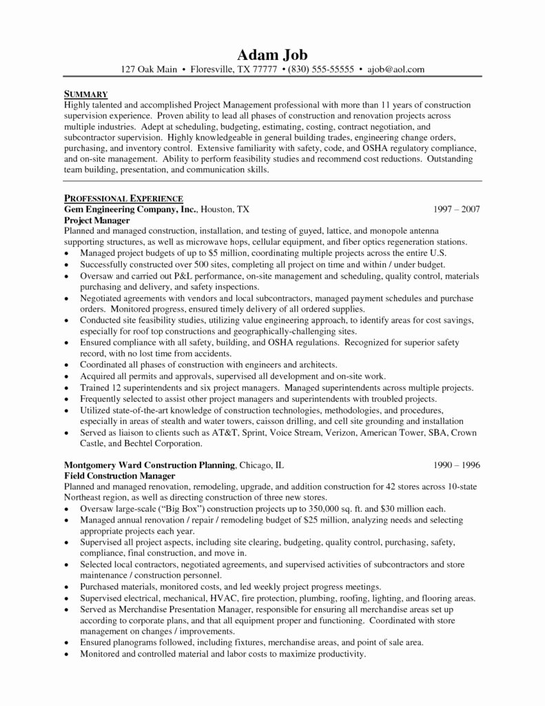 Construction Management Resume Entry Level Fice Project