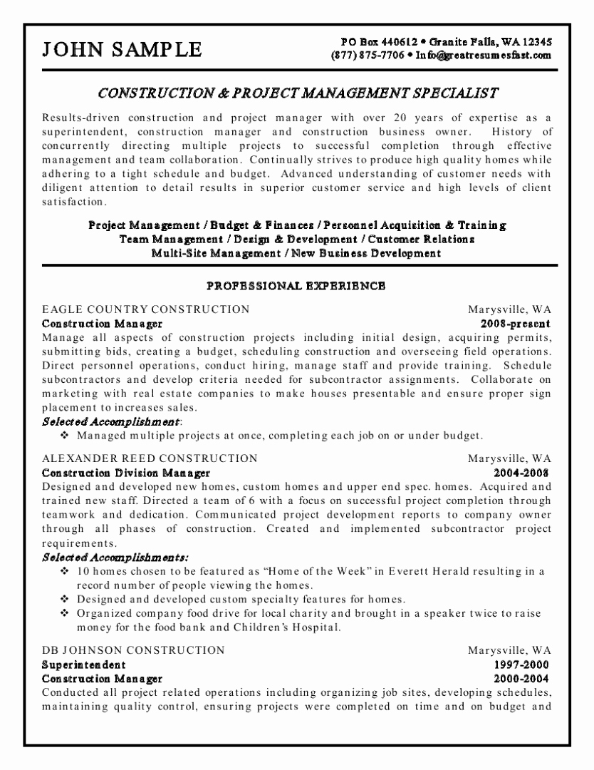 Construction Management Resume