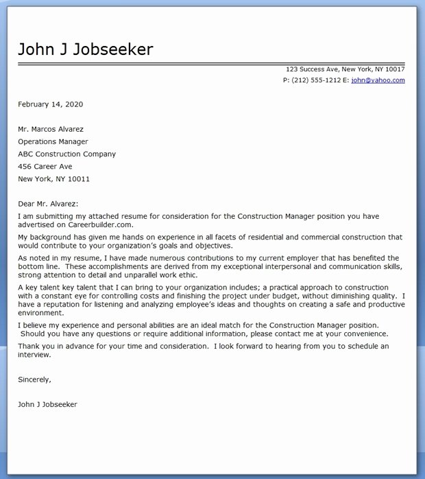 Construction Manager Cover Letter Sample