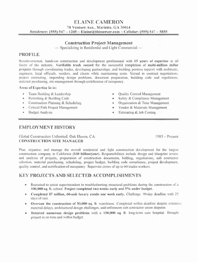 Construction Manager Resume Sample All Trades Resume