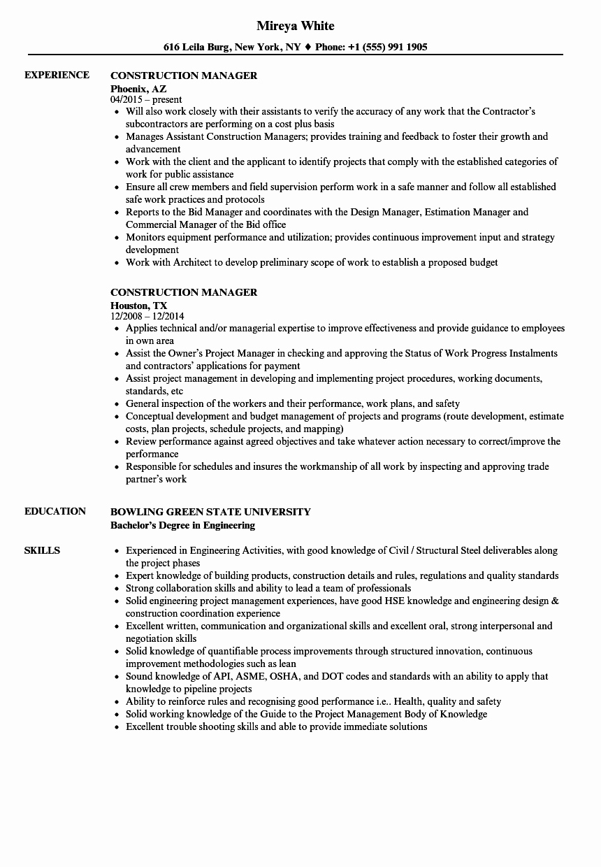 Construction Manager Resume Samples