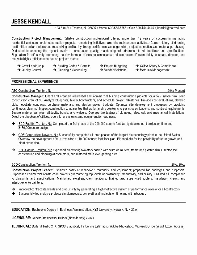 construction manager resume 2650