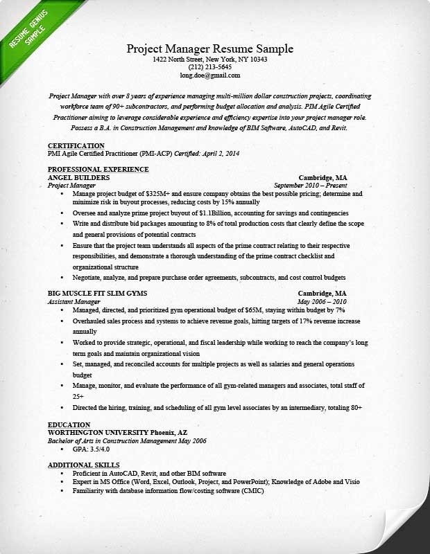 Construction Project Manager Resume Sample