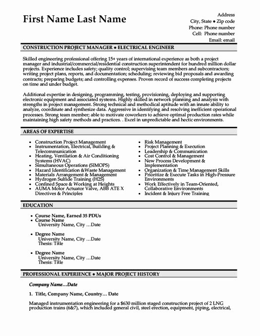 Construction Project Manager Resume Sample
