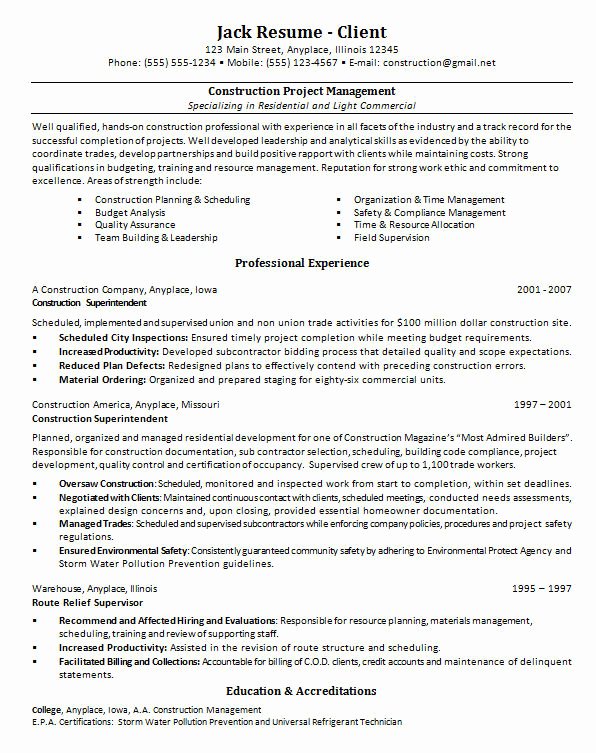 Construction Project Manager Resume Sample Doc