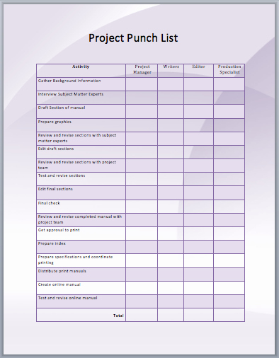 Construction Project Punch List Template