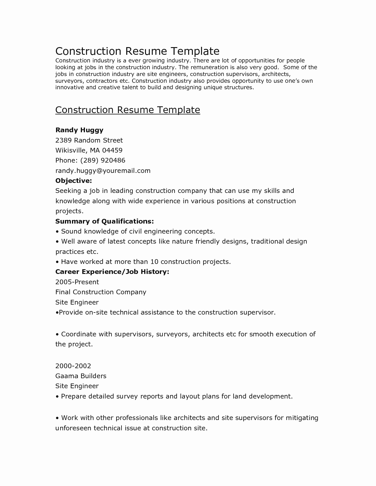 Construction Resume Template Cv Examples