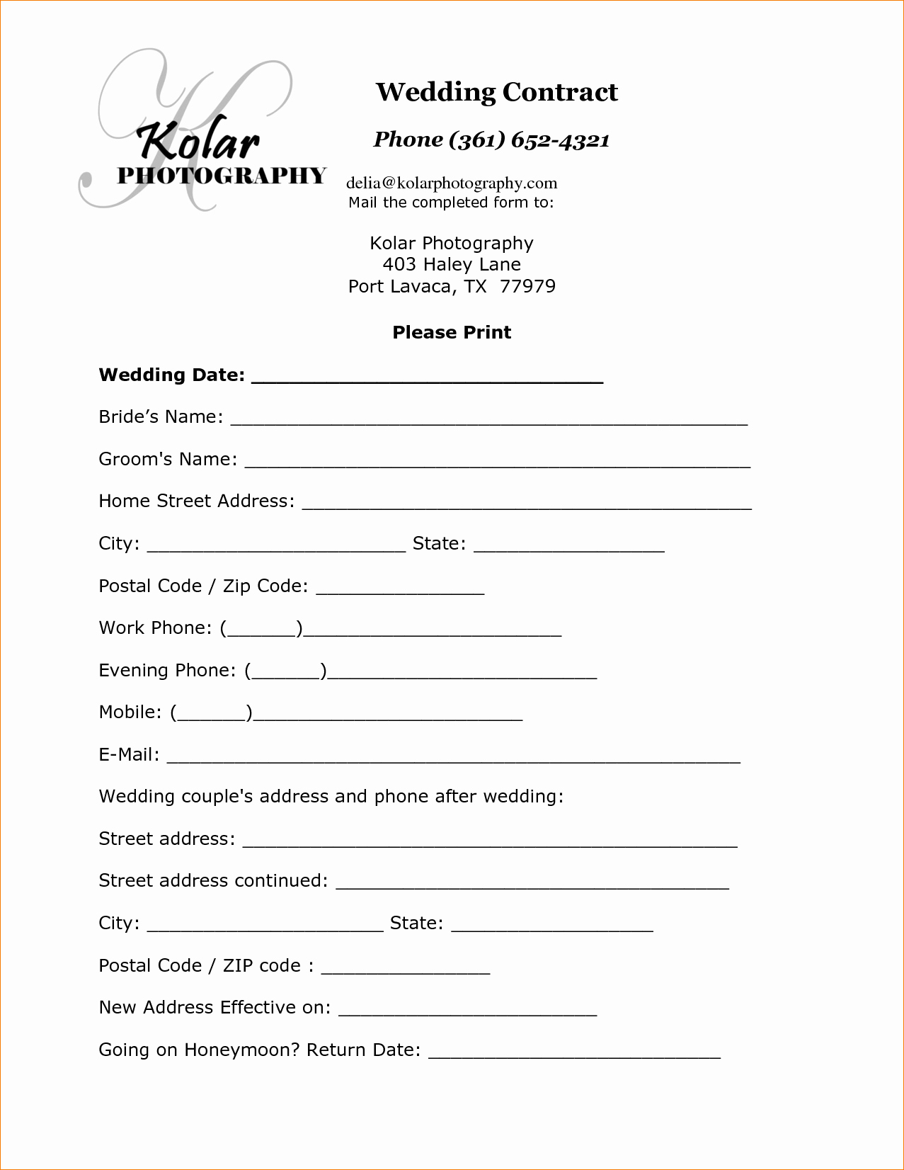 printable wedding contract template
