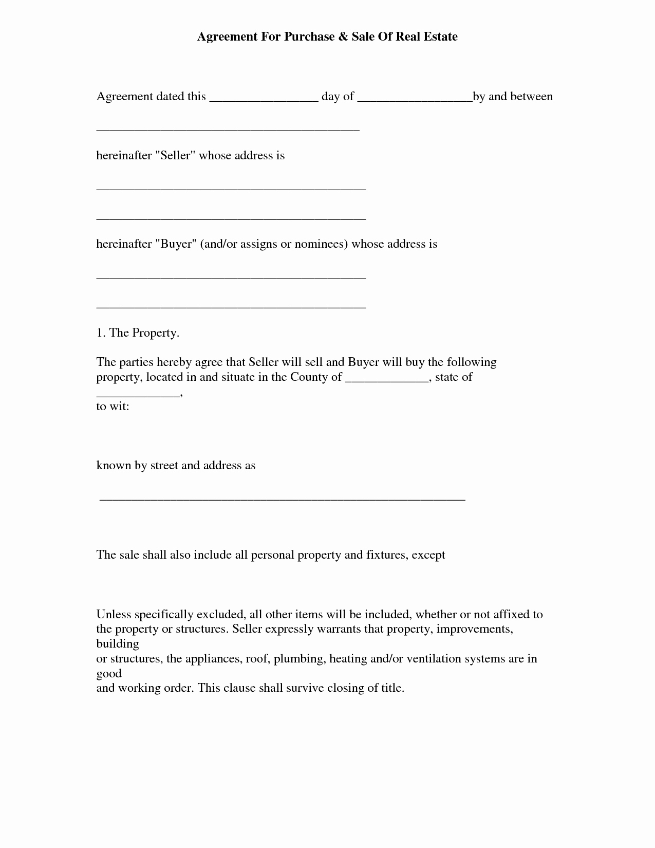 Contract Purchase Sale Agreement form Sample for Real