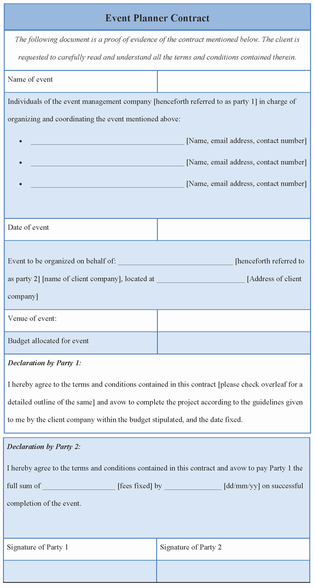 Contract Template for event Planner format Of event