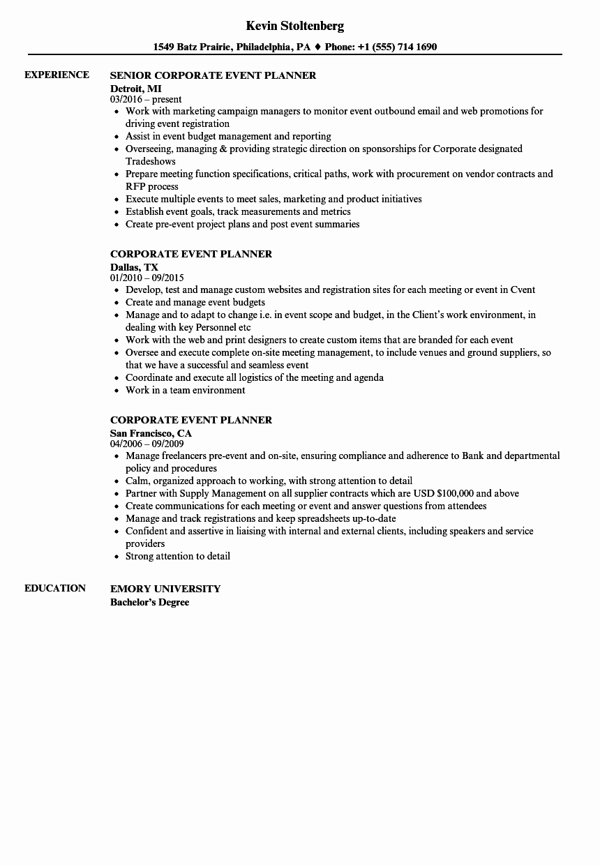 corporate event planner resume sample