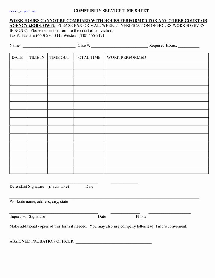 Court ordered Munity Service form