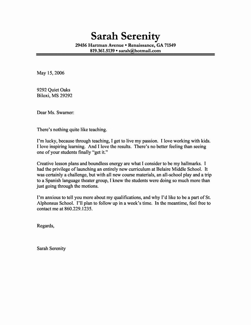Cover Letter Example Of A Teacher with A Passion for Teaching