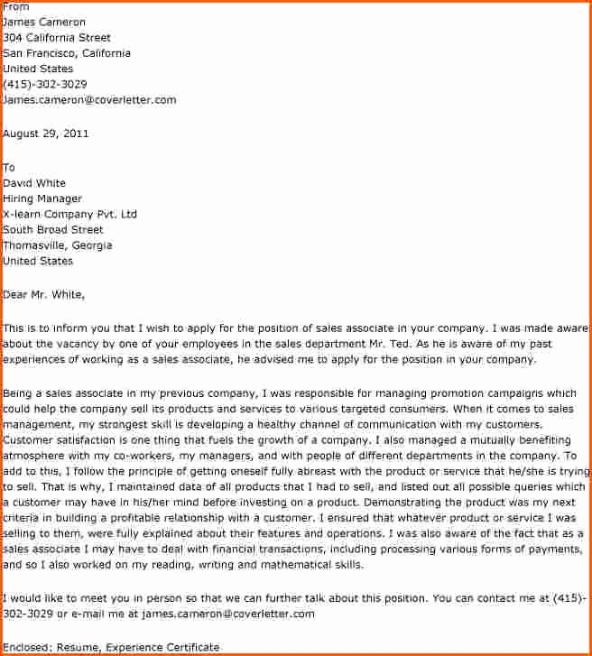 Cover Letter Examples for Retail Sales associate Cover