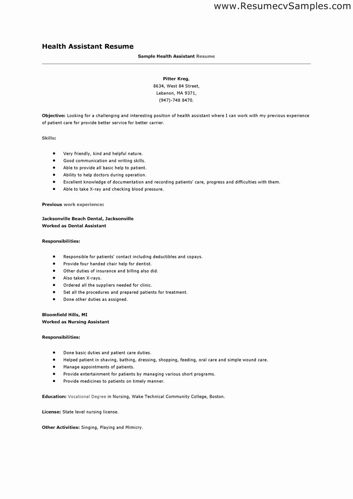 Cover Letter Examples Health Care assistant