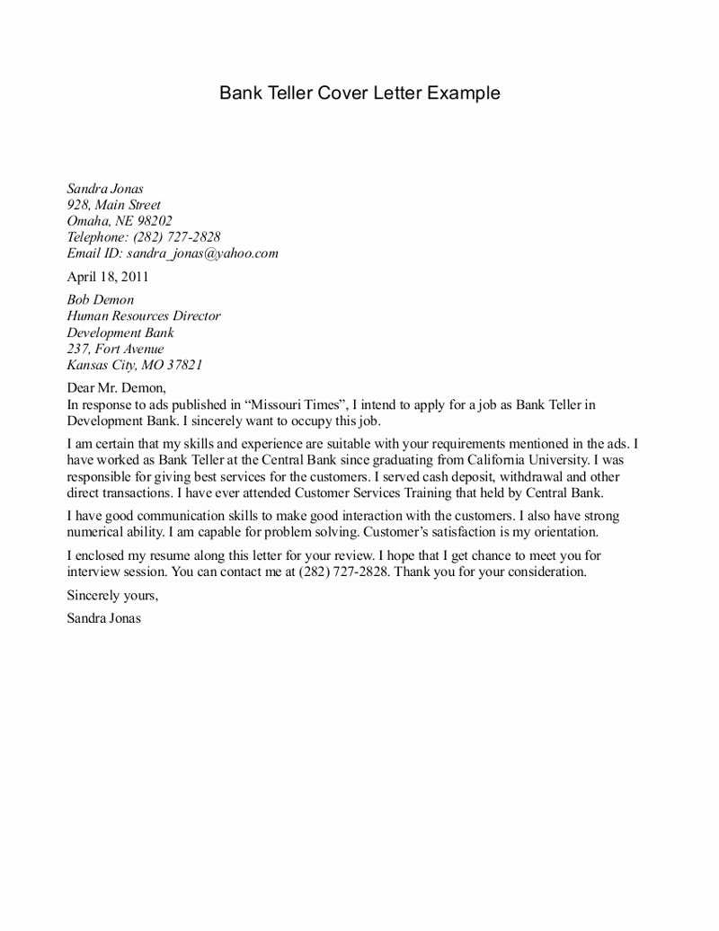 Cover Letter for Bank Job | Letter Example Template