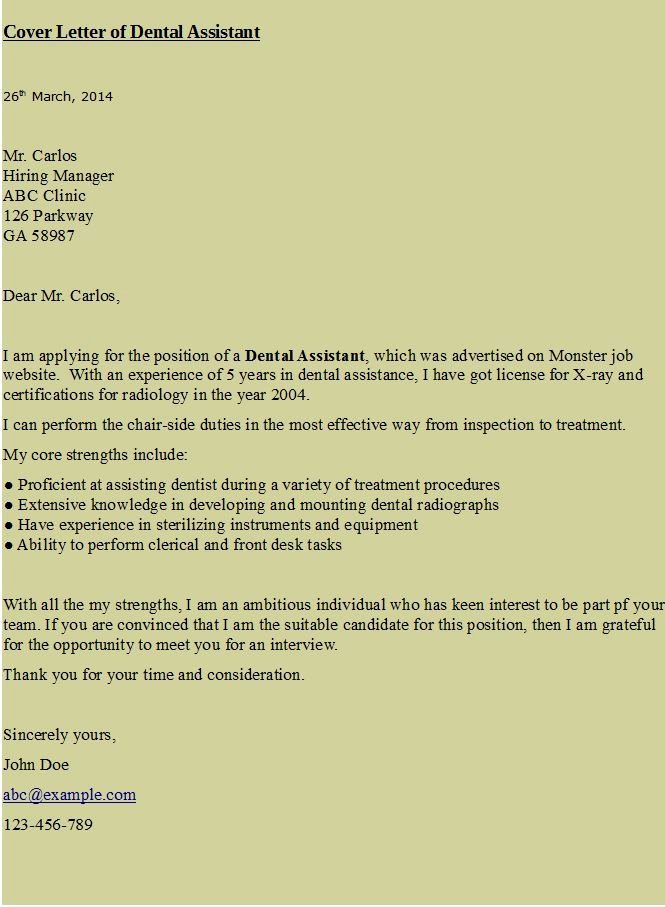 Cover Letter for Dental assistant
