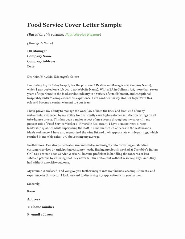 Cover Letter for Food Service Best Template Collection